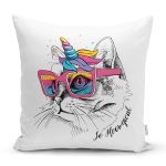 - Rh-K5688 - Realhomes Renkli Gözlüklü Siyah Beyaz Kedi Dijital Baskılı Modern Yastık Kırlent Kılıfı Realhomes