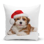 Yılbaşı Şapkalı Köpek Desenli Dijital Baskılı Modern Yastık Kırlent Kılıfı Realhomes