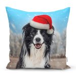 - Rh-K5698 - Realhomes Yılbaşı Şapkalı Köpek Desenli Dijital Baskılı Modern Yastık Kırlent Kılıfı Realhomes