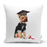 - Rh-K5703 - Realhomes Mezuniyet Kıyafetli Köpekçik Dijital Baskılı Modern Yastık Kırlent Kılıfı Realhomes