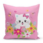 - Rh-K5704 - Realhomes Çiçeklerin İçindeki Sevimli Kedi Desenli Modern Yastık Kırlent Kılıfı Realhomes