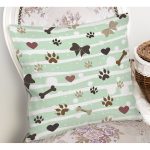 - Rh-K5734-1 - Realhomes  Yeşil Çizgili Zeminde Pati İzli Dijital Baskılı Modern Yastık Kırlent Kılıfı Realhomes