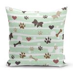 - Rh-K5734 - Realhomes  Yeşil Çizgili Zeminde Pati İzli Dijital Baskılı Modern Yastık Kırlent Kılıfı Realhomes