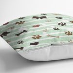 - Rh-K5734-2 - Realhomes  Yeşil Çizgili Zeminde Pati İzli Dijital Baskılı Modern Yastık Kırlent Kılıfı Realhomes