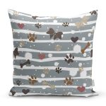 - Rh-K5735 - Realhomes Gri Çizgili Zeminde Pati İzli Dijital Baskılı Modern Yastık Kırlent Kılıfı Realhomes