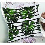 Siyah Yatay Çizgiler Üzerinde Yapraklar Desenli Dijital Baskılı Dekoratif Yastık Kırlent Kılıfı Realhomes