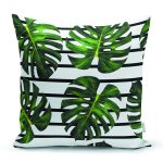 Siyah Yatay Çizgiler Üzerinde Yapraklar Desenli Dijital Baskılı Dekoratif Yastık Kırlent Kılıfı Realhomes