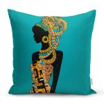 Mavi Zeminde Afrika Kadın İllüstrasyon Dijital Baskılı Dekoratif Yastık Kırlent Kılıfı Realhomes