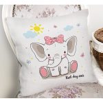 Sevimli Kız Bebek Fil Çocuk Odası Dijital Baskılı Dekoratif Yastık Kırlent Kılıfı Realhomes
