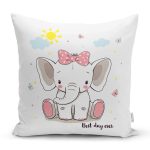 Sevimli Kız Bebek Fil Çocuk Odası Dijital Baskılı Dekoratif Yastık Kırlent Kılıfı Realhomes