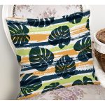 - Rh-K6611-1 - Realhomes Renkli Zeminde Yaprak Motifli Dijital Baskılı Modern Yastık Kırlent Kılıfı Realhomes