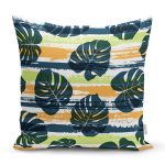 - Rh-K6611 - Realhomes Renkli Zeminde Yaprak Motifli Dijital Baskılı Modern Yastık Kırlent Kılıfı Realhomes