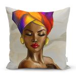 - Rh-K6745 - Realhomes Afrika Kadın İllüstrasyon Motifli Dijital Baskılı Dekoratif Yastık Kırlent Kılıfı Realhomes