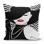 - Rh-K6746 - Realhomes Şapkalı Kadın İllüstrasyon Desenli Modern Dijital Baskılı Kırlent Kılıfı Realhomes