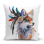 - Rh-K6747 - Realhomes Beyaz Zeminde Suluboya Kurt Desenli Dekoratif Yastık Kırlent Kılıfı Realhomes