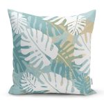 Mavi Zemin Yapraklı Tasarım Desenli Dijital Baskılı Dekoratif Yastık Kırlent Kılıfı Realhomes