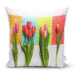 - Rh-K806 - Realhomes Beyaz Zeminde Renkli Laleler Özel Tasarımlı Yastık Kırlent Kılıfı Realhomes