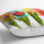 - Rh-K806-2 - Realhomes Beyaz Zeminde Renkli Laleler Özel Tasarımlı Yastık Kırlent Kılıfı Realhomes