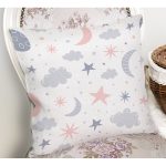 Beyaz Zeminde Bulut Ay Ve Yıldız Motifli Özel Tasarım Dijital Baskılı Modern Yastık Kırlent Kılıfı Realhomes