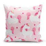 Pembe Zeminde Sevimli Unicorn Motifli Özel Tasarım Dijital Baskılı Modern Yastık Kırlent Kılıfı Realhomes