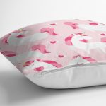 Pembe Zeminde Sevimli Unicorn Motifli Özel Tasarım Dijital Baskılı Modern Yastık Kırlent Kılıfı Realhomes