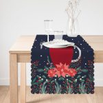 - Runner-10102-1 - Realhomes Lacivert Zemin Kırmızı Bardak Desenli Dijital Baskılı Modern Runner Realhomes