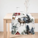 - Runner-10121-1 - Realhomes Kar Zeminli Geyik & Çam Ağacı Tasarımlı Dijital Baskılı Dekoratif Runner Realhomes