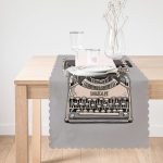 - Runner-10142-1 - Realhomes Gri Zemin Antika Daktilo Çizimli Dijital Baskılı Modern Runner Realhomes