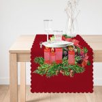 - Runner-10145-1 - Realhomes Bordo Zemin Çam Yapraklı Mum Tasarımlı Dijital Baskılı Dekoratif Runner Realhomes