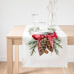 - Runner-10184-1 - Realhomes  Özel Tasarım Kurdeleli Kozalak Motifli Dijital Baskılı Dekoratif Runner Realhomes