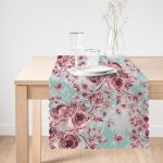 - Runner-2350-1 - Realhomes  Mavi Zeminde Pembe Güller Motifli Dekoratif Runner Realhomes