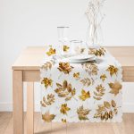 - Runner-3163-1 - Realhomes  Beyaz Zeminde Altın Yapraklar Desenli Dijital Baskılı Runner Realhomes