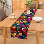 - Runner-3512 - Realhomes  Siyah Zeminde Renkli Yaprak Tasarımlı Dijital Baskılı Runner Realhomes