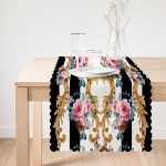 - Runner-3801-1 - Realhomes Çizgili Zeminde Altın Ve Çiçek Desenli Özel Tasarım Dijital Baskılı Modern Runner Realhomes