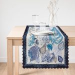 Beyaz Zeminde Mavi Yaprak Motifli Dijital Baskılı Modern Runner Realhomes