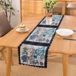 Beyaz Zeminde Mavi Yaprak Motifli Dijital Baskılı Modern Runner Realhomes