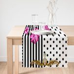 - Runner-3902-1 - Realhomes  Çizgili Puanlı Zeminde Çiçek Desenli Özel Tasarım Dijital Baskılı Modern Runner Realhomes