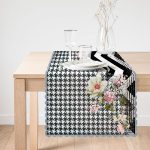 - Runner-3977-1 - Realhomes  Zikzak Ve Kaz Ayaklı Zeminde Çiçekler Özel Tasarım Dijital Baskılı Modern Runner Realhomes