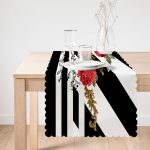 - Runner-3994-1 - Realhomes Siyah Beyaz Zeminde Çiçek Desenli Özel Tasarım Dijital Baskılı Modern Runner Realhomes