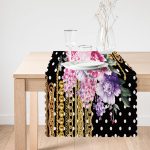 - Runner-3996-1 - Realhomes  Puanlı Zeminde Altın Zincir Ve Çiçekler Özel Tasarım Dijital Baskılı Modern Runner Realhomes