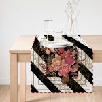 - Runner-4009-1 - Realhomes  Siyah Beyaz Zeminde Çiçekler Özel Tasarım Dijital Baskılı Modern Runner Realhomes