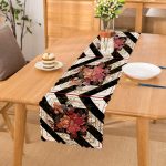 - Runner-4009 - Realhomes  Siyah Beyaz Zeminde Çiçekler Özel Tasarım Dijital Baskılı Modern Runner Realhomes