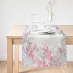 - Runner-4047-1 - Realhomes Gri Pembe Yaprak Motifli Özel Tasarım Dijital Baskılı Modern Runner Realhomes