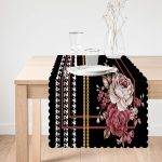 - Runner-4075-1 - Realhomes Siyah Zeminde Çiçek Ve Altın Motifli Özel Tasarım Dijital Baskılı Modern Runner Realhomes