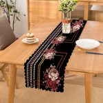 - Runner-4075 - Realhomes Siyah Zeminde Çiçek Ve Altın Motifli Özel Tasarım Dijital Baskılı Modern Runner Realhomes