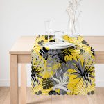 - Runner-5367-1 - Realhomes  Sarı Zemin Üzerinde Beyaz Ve Gri Yaprak Motifli Runner Realhomes