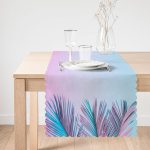 - Runner-5516-1 - Realhomes Toz Mavisi Zeminli Tropik Yapraklı Özel Tasarım Dijital Baskılı Runner Realhomes