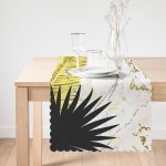 - Runner-7011-1 - Realhomes Mermer Zeminli Gold Ve Siyah Yapraklar Dijital Baskılı Modern Runner Realhomes