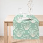 - Runner-7039-1 - Realhomes  Yeşil Zeminde Deniz Kabuğu Desenli Dijital Baskılı Modern Runner Realhomes