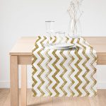 Beyaz Zeminde Gold Zikzak Desenli Dijital Baskılı Modern Runner Realhomes